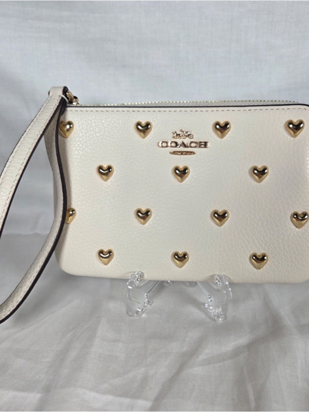 Coach Ivory Wristlet with Gold Heart Studs